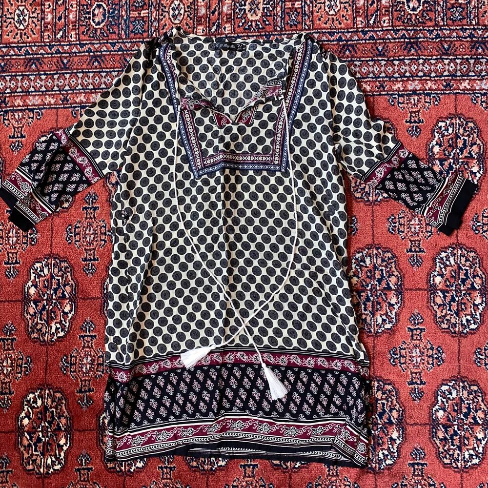 Yi Heng Mei Tunic‎ Top Womens L Black White Burgundy Mint Boho Tassel Split Neck